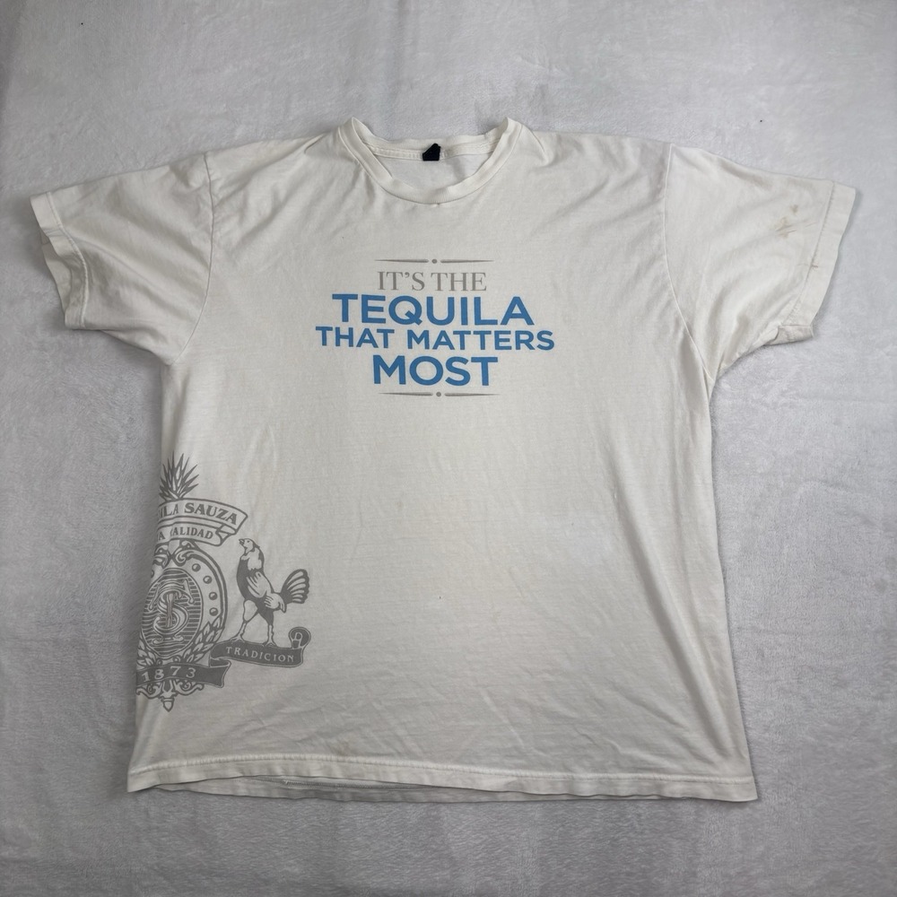 Y2K Tultex Sauza Tequila White Short Sleeve Graphic Shirt Men's XL Distressed